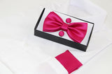 Mens Hot Pink Matching Bow Tie, Pocket Square & Cuff Links Set