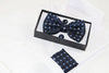 Mens Navy Diamond Matching Bow Tie, Pocket Square & Cuff Links Set