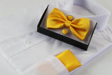 Mens Warm Yellow Matching Bow Tie, Pocket Square & Cuff Links Set