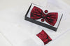 Mens Dark Red Paisley Matching Bow Tie, Pocket Square & Cuff Links Set