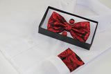 Mens Red Paisley Tinsel Matching Bow Tie, Pocket Square & Cuff Links Set