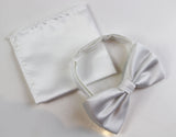Mens White Plain Coloured Checkered Bow Tie & Matching Pocket Square Set
