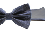 Mens Navy Plain Coloured Checkered Bow Tie & Matching Pocket Square Set