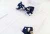 Mens Navy & Cream Flowers Cotton Bow Tie & Pocket Square Set