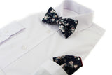 Mens Navy With Cream Flowers Cotton Bow Tie & Pocket Square Set