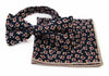 Mens Navy With Cream & Red Flowers Cotton Bow Tie & Pocket Square Set