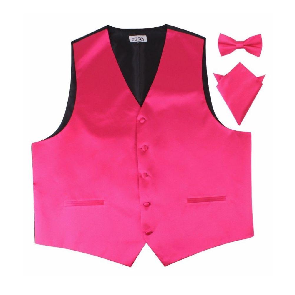Mens Hot Pink Plain Vest Waistcoat Matching Bow Tie Pocket Square