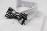 Mens Black & White Diagonal Striped Bow Tie