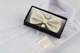 Mens Ivory Matching Bow Tie, Pocket Square & Cuff Links Set