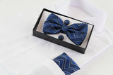 Mens Navy Blue Zig Zag Matching Bow Tie, Pocket Square & Cuff Links Set