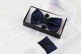 Mens Navy Subtle Zig Zag Matching Bow Tie, Pocket Square & Cuff Links Set