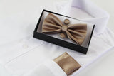 Mens Cafe Brown Matching Bow Tie, Pocket Square & Cuff Links Set