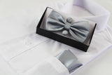 Mens Grey Matching Bow Tie, Pocket Square & Cuff Links Set