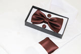 Mens Chocolate Brown Matching Bow Tie, Pocket Square & Cuff Links Set