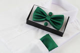 Mens Green Matching Bow Tie, Pocket Square & Cuff Links Set