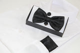 Mens Black Paisley Matching Bow Tie, Pocket Square & Cuff Links Set