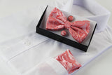 Mens Watermelon Pink Paisley Matching Bow Tie, Pocket Square & Cuff Links Set