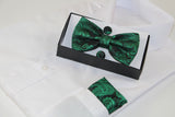 Mens Green Paisley Matching Bow Tie, Pocket Square & Cuff Links Set
