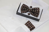Mens Brown Diamond Matching Bow Tie, Pocket Square & Cuff Links Set