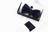 Mens Navy Paisley Matching Bow Tie, Pocket Square & Cuff Links Set