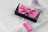 Mens Light Pink Matching Bow Tie, Pocket Square & Cuff Links Set