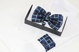 Mens Navy Rectilinear Matching Bow Tie, Pocket Square & Cuff Links Set