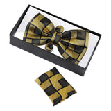 Mens Gold Rectilinear Matching Bow Tie, Pocket Square & Cuff Links Set