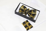 Mens Gold Rectilinear Matching Bow Tie, Pocket Square & Cuff Links Set