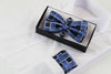 Mens Cornflower Blue Rectilinear Matching Bow Tie, Pocket Square & Cuff Links Set