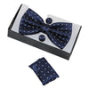 Mens Navy Gridded Squares Matching Bow Tie, Pocket Square & Cuff Links Set