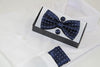 Mens Navy Gridded Squares Matching Bow Tie, Pocket Square & Cuff Links Set
