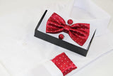 Mens Red Gridded Squares Matching Bow Tie, Pocket Square & Cuff Links Set