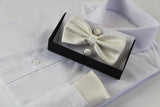 Mens Ivory Checkered Matching Bow Tie, Pocket Square & Cuff Links Set