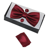 Mens Maroon Checkered Matching Bow Tie, Pocket Square & Cuff Links Set