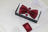Mens Maroon Checkered Matching Bow Tie, Pocket Square & Cuff Links Set