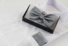 Mens Silver Checkered Matching Bow Tie, Pocket Square & Cuff Links Set