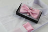 Mens Light Pink Checkered Matching Bow Tie, Pocket Square & Cuff Links Set