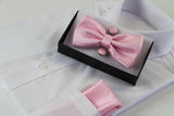 Mens Light Pink Checkered Matching Bow Tie, Pocket Square & Cuff Links Set