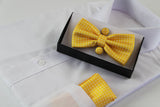 Mens Yellow Checkered Matching Bow Tie, Pocket Square & Cuff Links Set