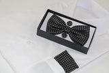 Mens Black Checkered Matching Bow Tie, Pocket Square & Cuff Links Set