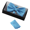 Mens Light Blue Checkered Matching Bow Tie, Pocket Square & Cuff Links Set