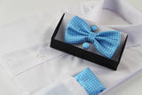 Mens Light Blue Checkered Matching Bow Tie, Pocket Square & Cuff Links Set