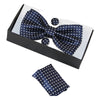 Mens Navy Checkered Matching Bow Tie, Pocket Square & Cuff Links Set