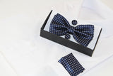 Mens Navy Checkered Matching Bow Tie, Pocket Square & Cuff Links Set
