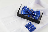 Mens Blue Textured Stripe Matching Bow Tie, Pocket Square & Cuff Links Set