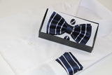 Mens Navy Textured Stripe Matching Bow Tie, Pocket Square & Cuff Links Set
