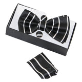 Mens Black Textured Stripe Matching Bow Tie, Pocket Square & Cuff Links Set