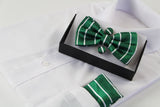 Mens Green Textured Stripe Matching Bow Tie, Pocket Square & Cuff Links Set