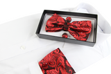 Mens Red Paisley Tinsel Matching Bow Tie, Pocket Square & Cuff Links Set