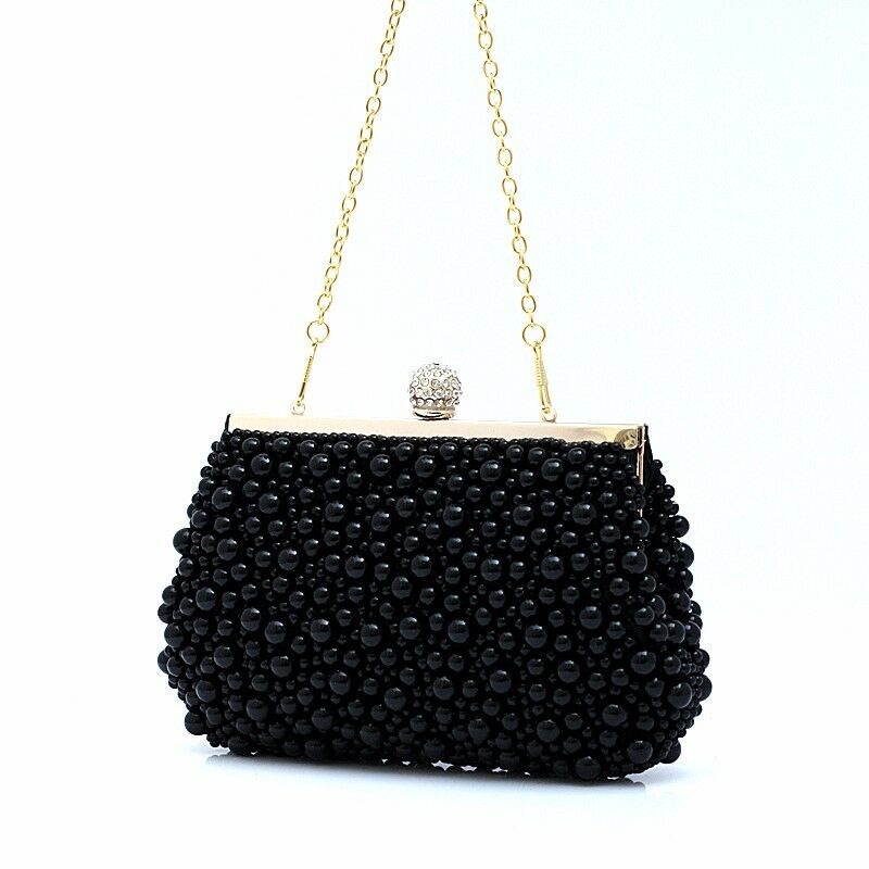 WOMENS PEARL CLUTCH BAG PEARLS GOLD BRIDAL HAND BAG BLACK OFF WHITE ...